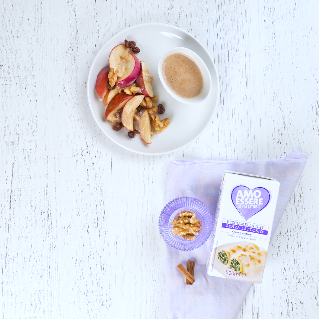Besciamella dolce senza lattosio alla cannella con mele al forno, noci e uvetta