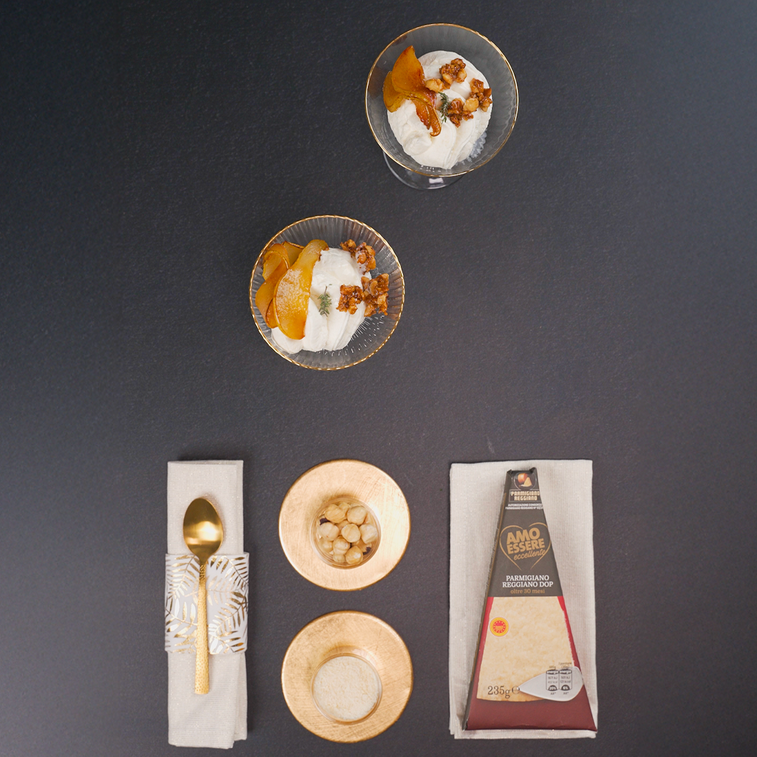 Mousse di Parmigiano Reggiano, Pere al Miele di Limone e Crumble di Nocciole