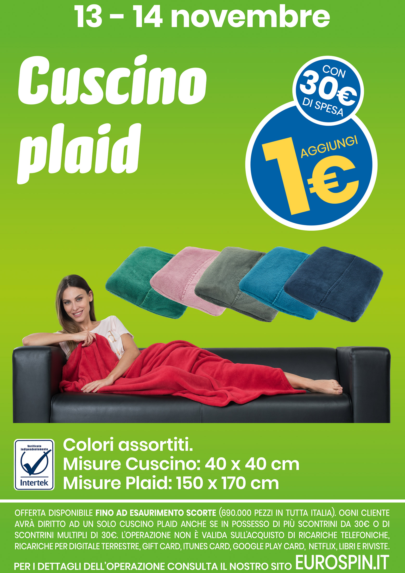 ogni 30€ di spesa aggiungi 1€ per aver il cuscino plaid di eurospin