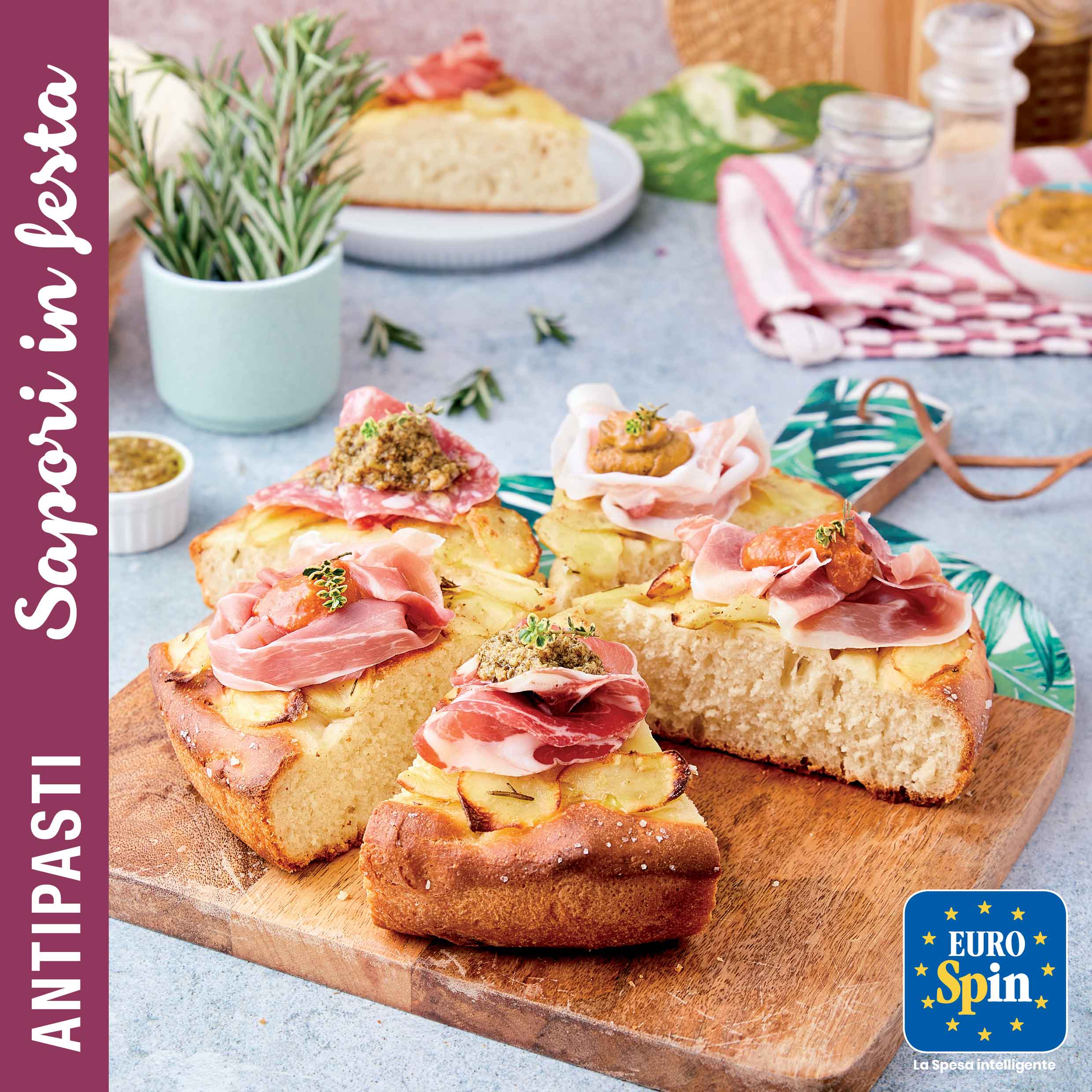 Focaccia con salumi italiani, creme e paté assortiti