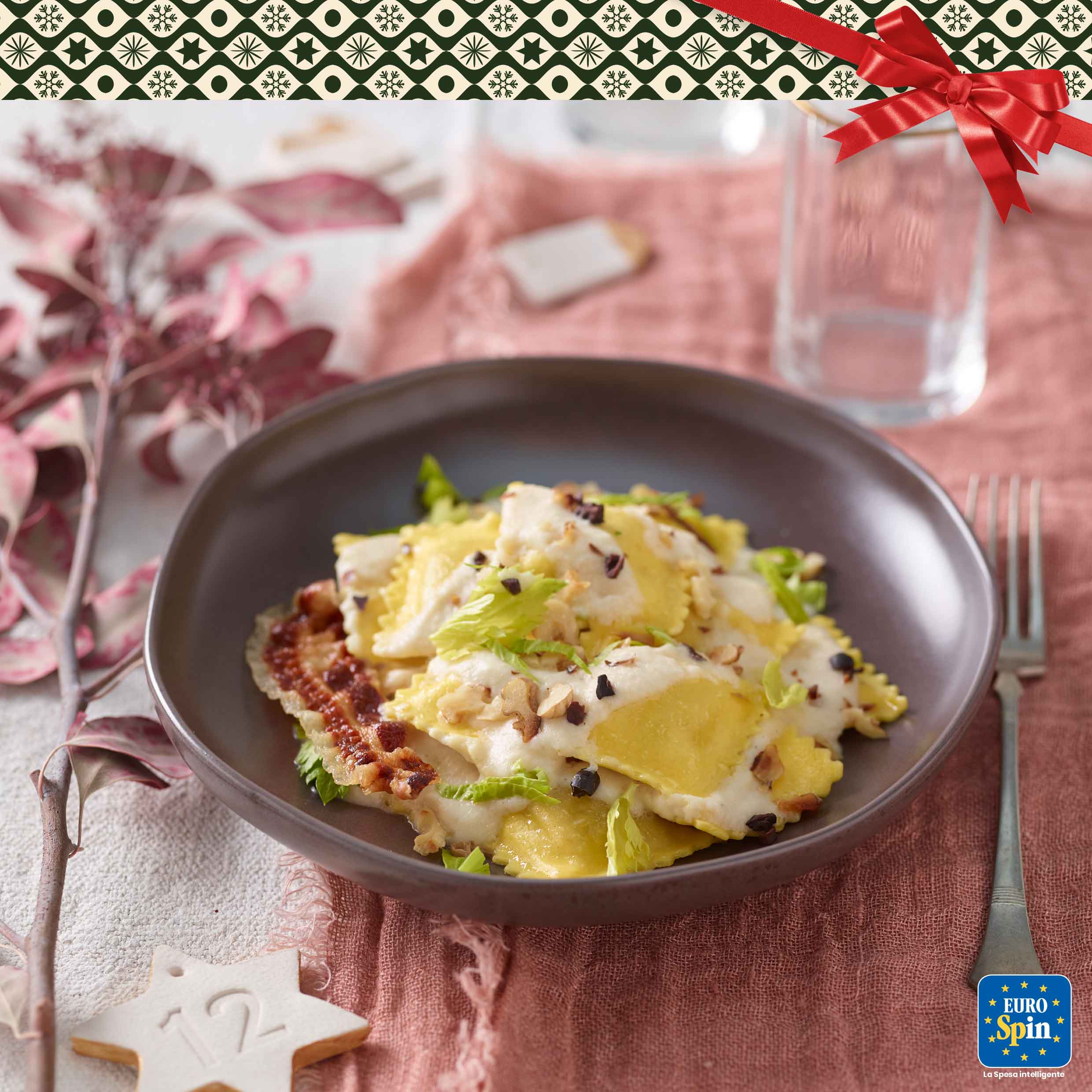 TORTELLI ALLA ZUCCA, CREMA DI SEDANO E PANCETTA CROCCANTE