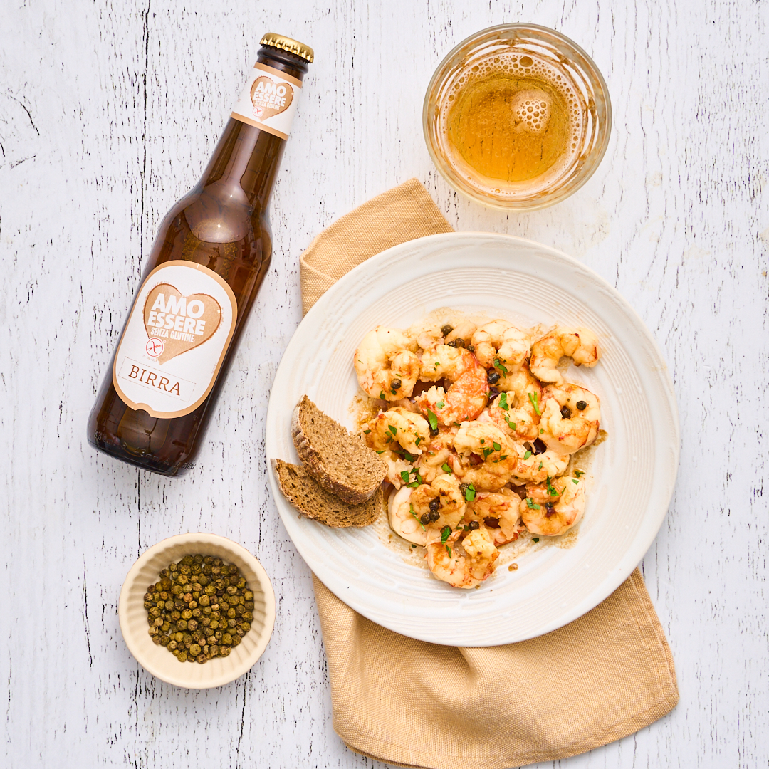 Gamberi alla birra senza glutine e pepe verde