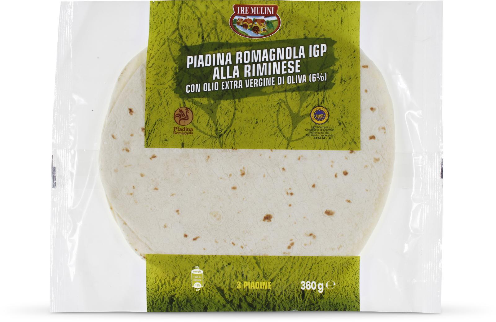 Piadina integrale con olio extra vergine di oliva tre mulini